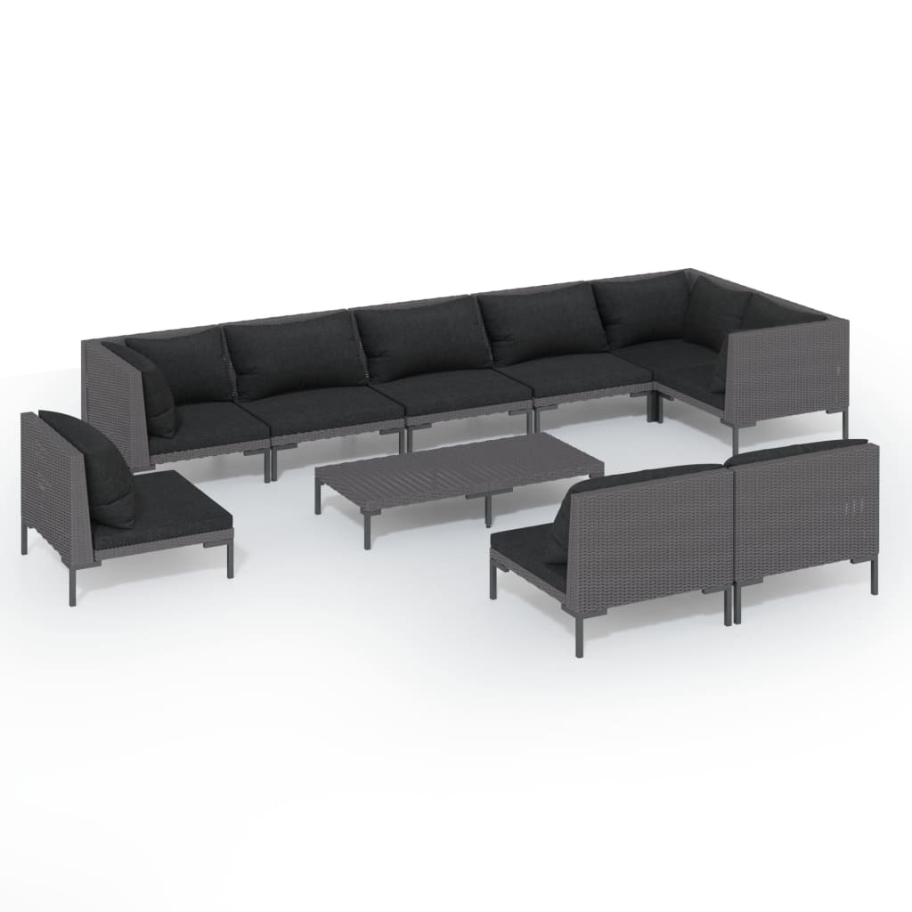 10-tlg. Garten-Lounge-Set mit Kissen Poly Rattan Dunkelgrau