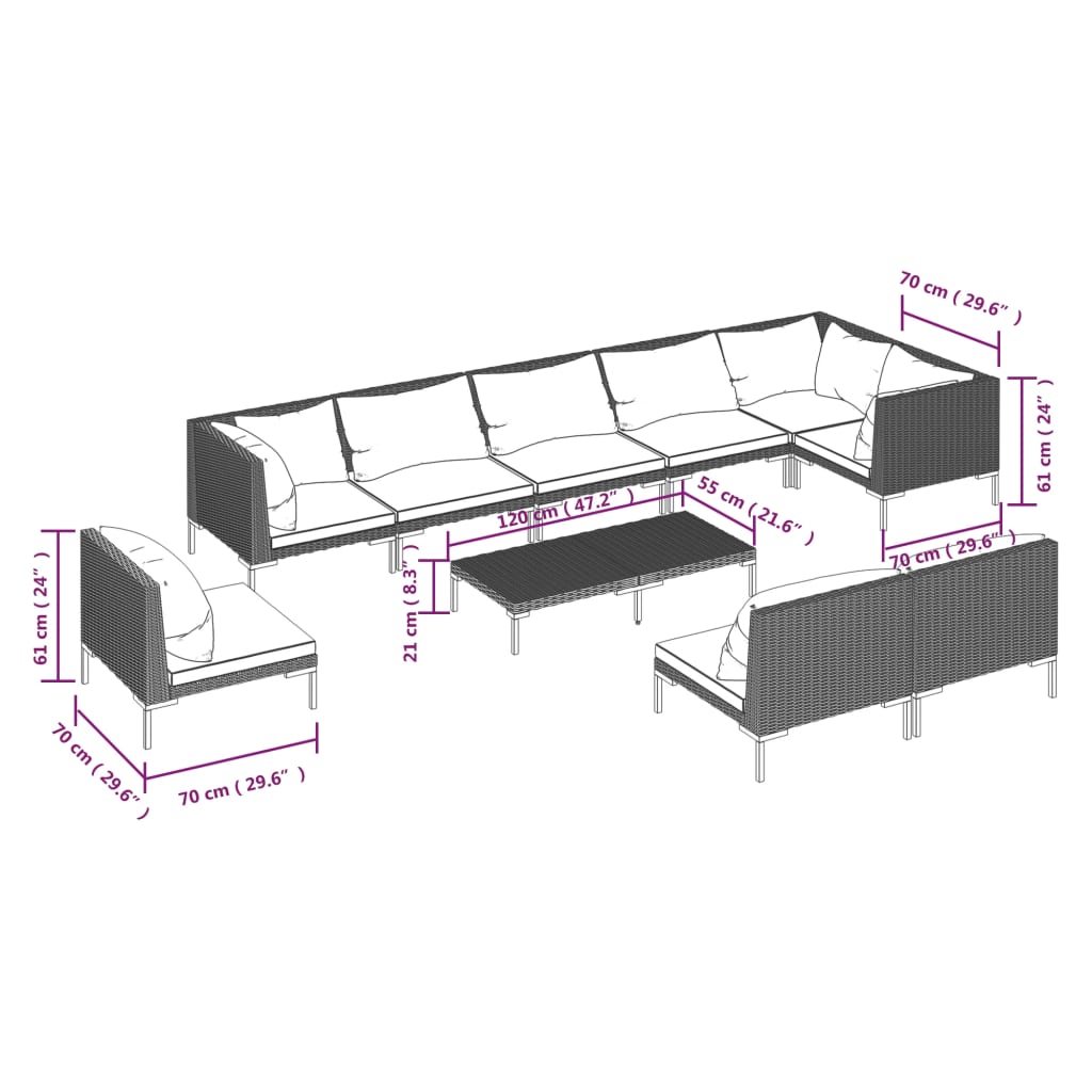10-tlg. Garten-Lounge-Set mit Kissen Poly Rattan Dunkelgrau