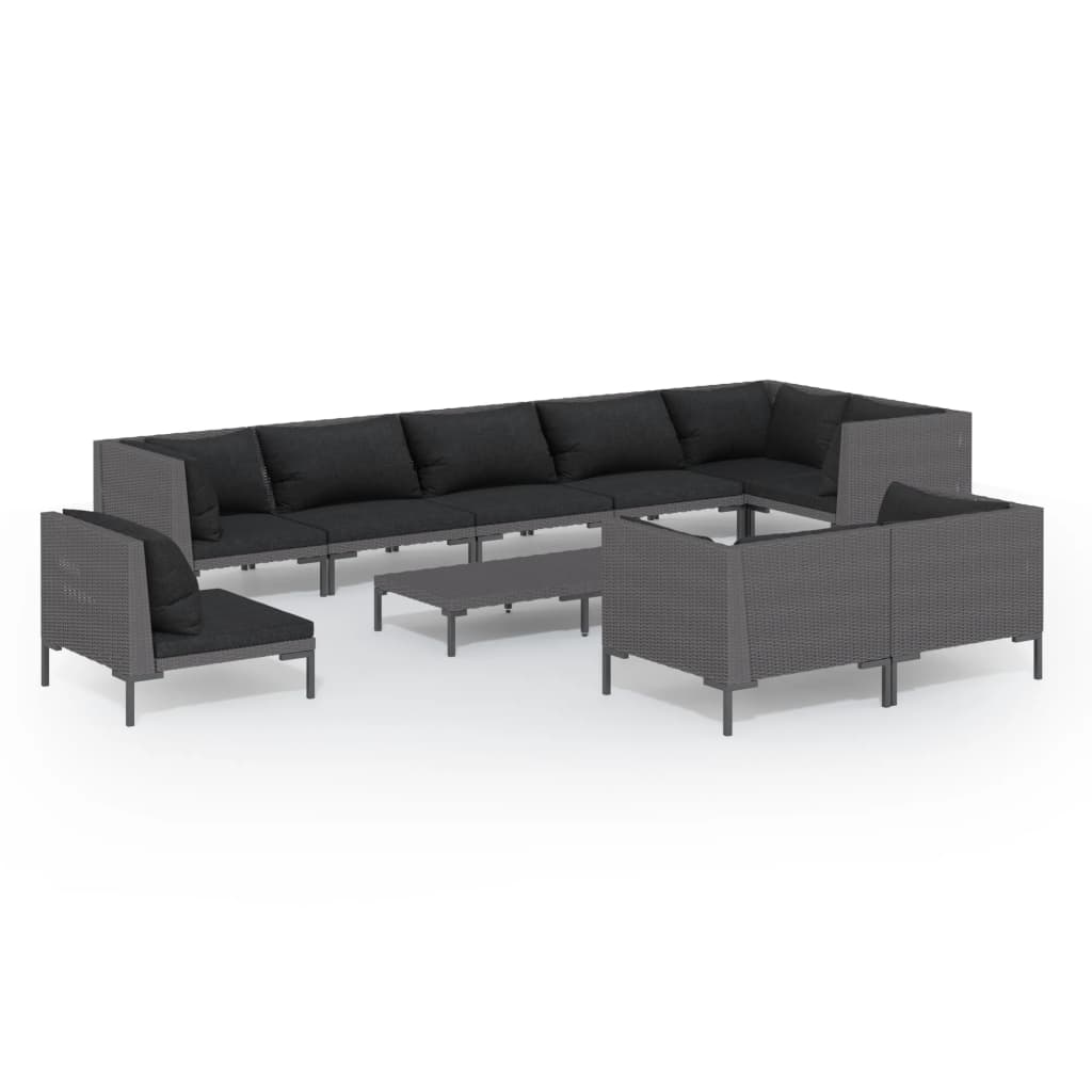 10-tlg. Garten-Lounge-Set mit Kissen Poly Rattan Dunkelgrau