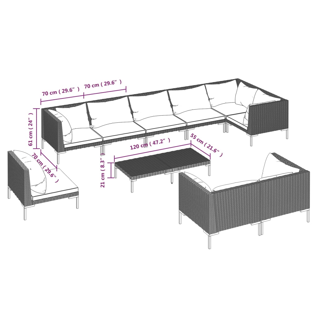 10-tlg. Garten-Lounge-Set mit Kissen Poly Rattan Dunkelgrau