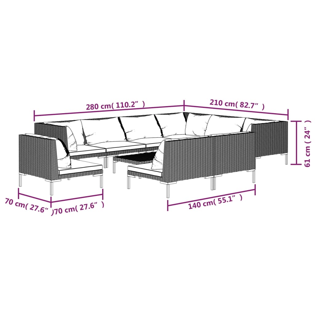 10-tlg. Garten-Lounge-Set mit Kissen Poly Rattan Dunkelgrau