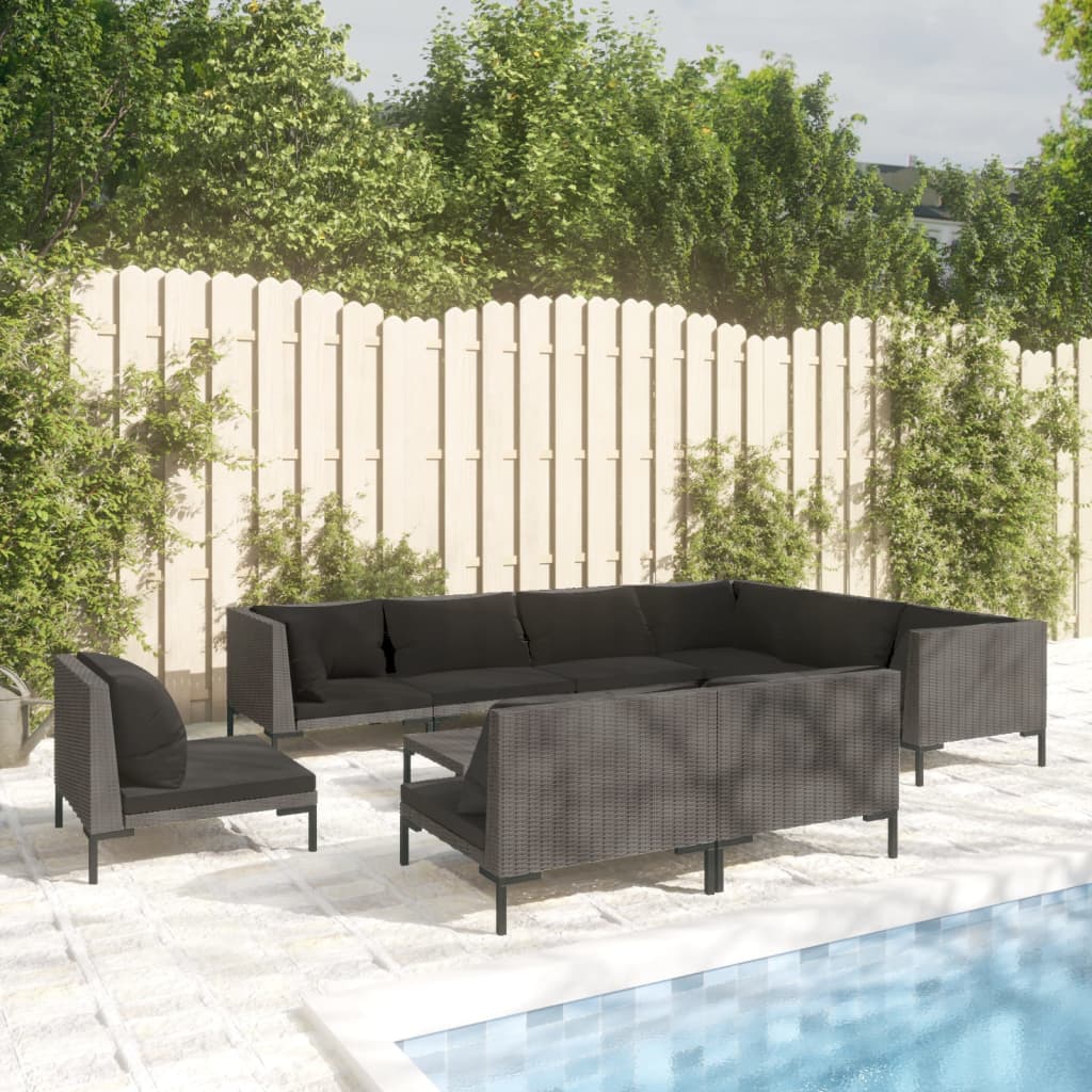 10-tlg. Garten-Lounge-Set mit Kissen Poly Rattan Dunkelgrau