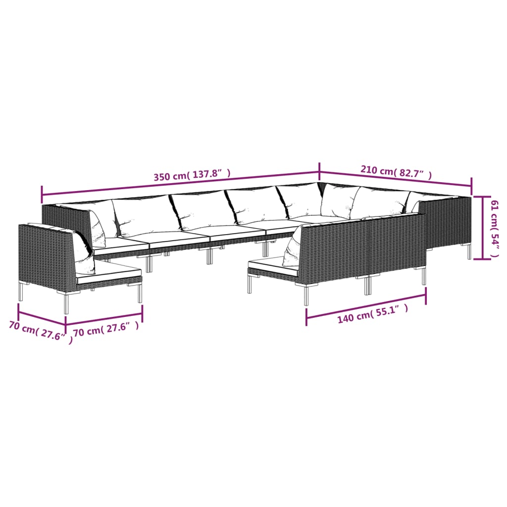 10-tlg. Garten-Lounge-Set mit Kissen Poly Rattan Dunkelgrau