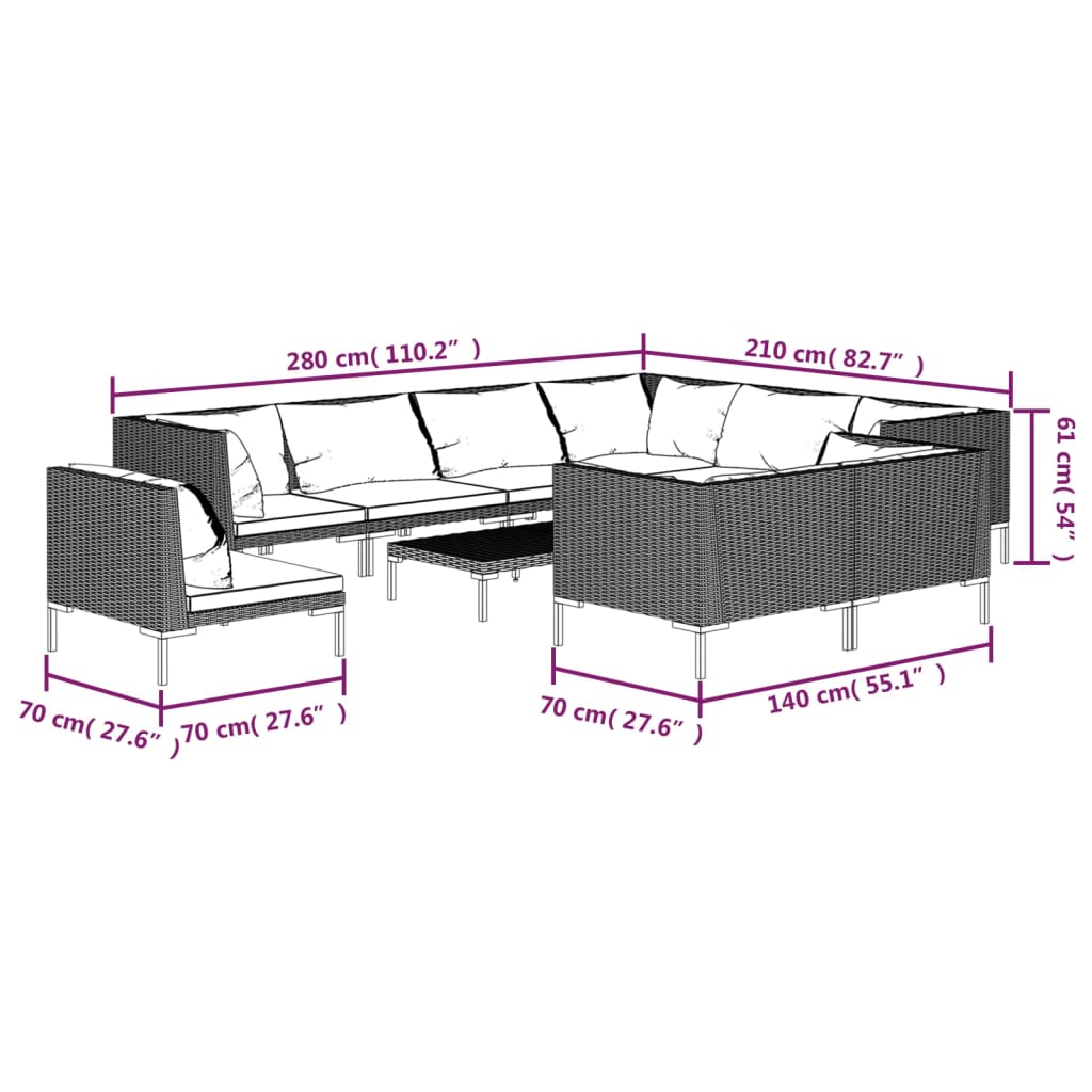 10-tlg. Garten-Lounge-Set mit Kissen Poly Rattan Dunkelgrau