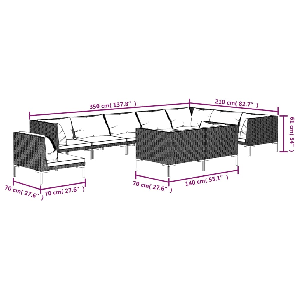 10-tlg. Garten-Lounge-Set mit Kissen Poly Rattan Dunkelgrau