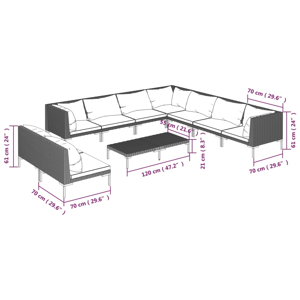 10-tlg. Garten-Lounge-Set mit Kissen Poly Rattan Dunkelgrau