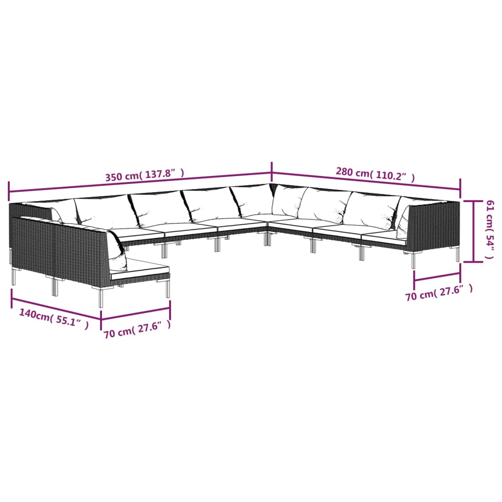 10-tlg. Garten-Lounge-Set mit Kissen Poly Rattan Dunkelgrau