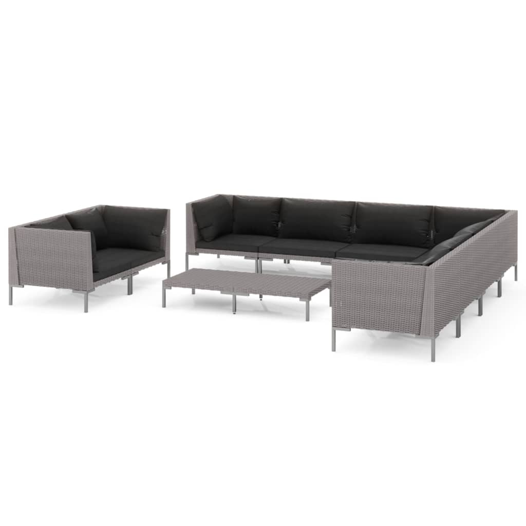 10-tlg. Garten-Lounge-Set mit Kissen Poly Rattan Dunkelgrau