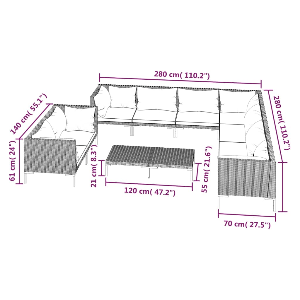 10-tlg. Garten-Lounge-Set mit Kissen Poly Rattan Dunkelgrau