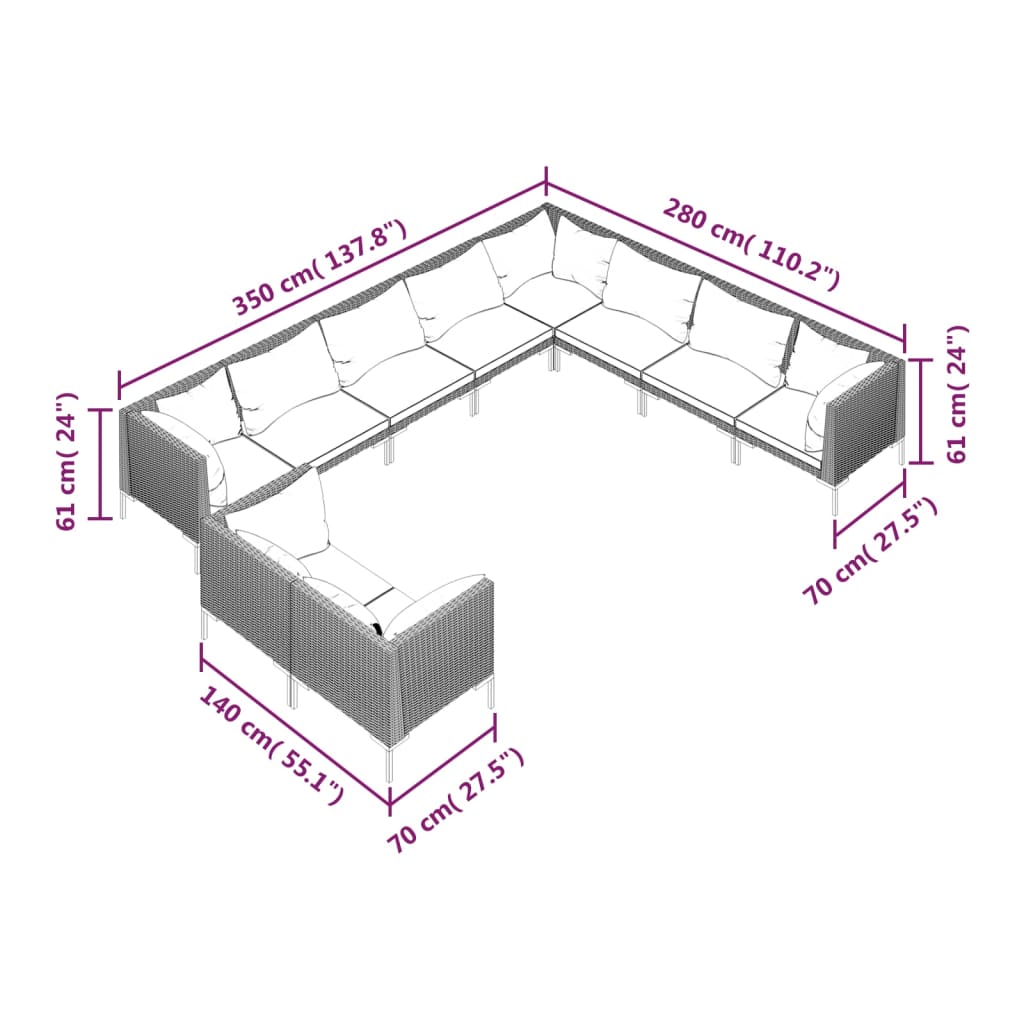 10-tlg. Garten-Lounge-Set mit Kissen Poly Rattan Dunkelgrau