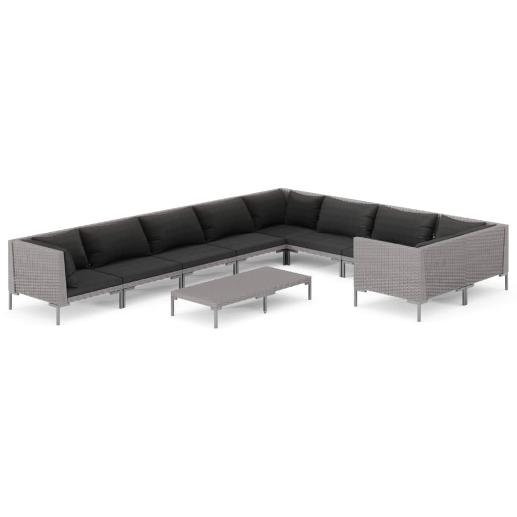 10-tlg. Garten-Lounge-Set mit Kissen Poly Rattan Dunkelgrau