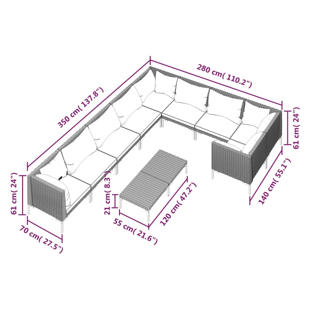 10-tlg. Garten-Lounge-Set mit Kissen Poly Rattan Dunkelgrau