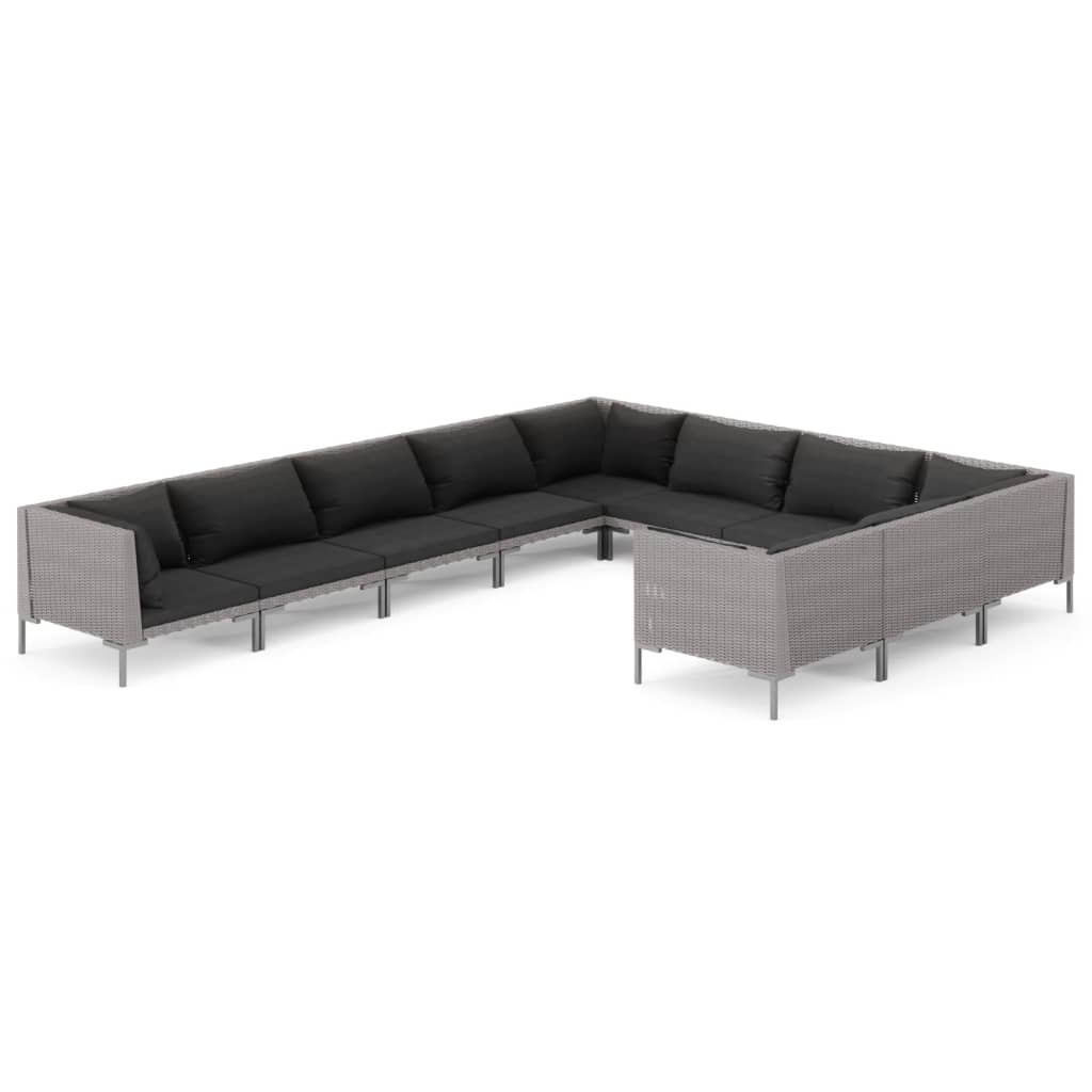 10-tlg. Garten-Lounge-Set mit Kissen Poly Rattan Dunkelgrau