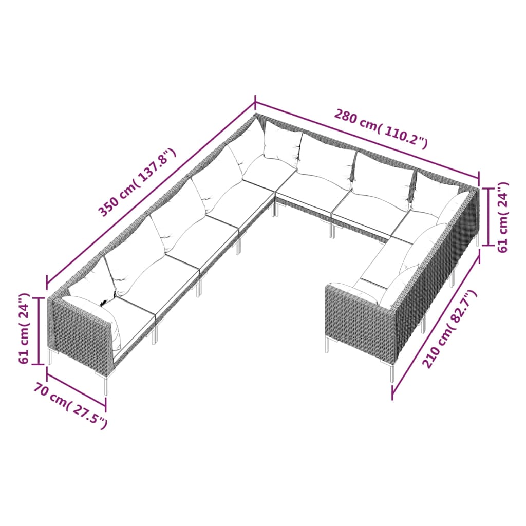 10-tlg. Garten-Lounge-Set mit Kissen Poly Rattan Dunkelgrau