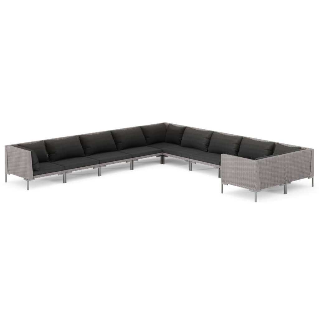 10-tlg. Garten-Lounge-Set mit Kissen Poly Rattan Dunkelgrau