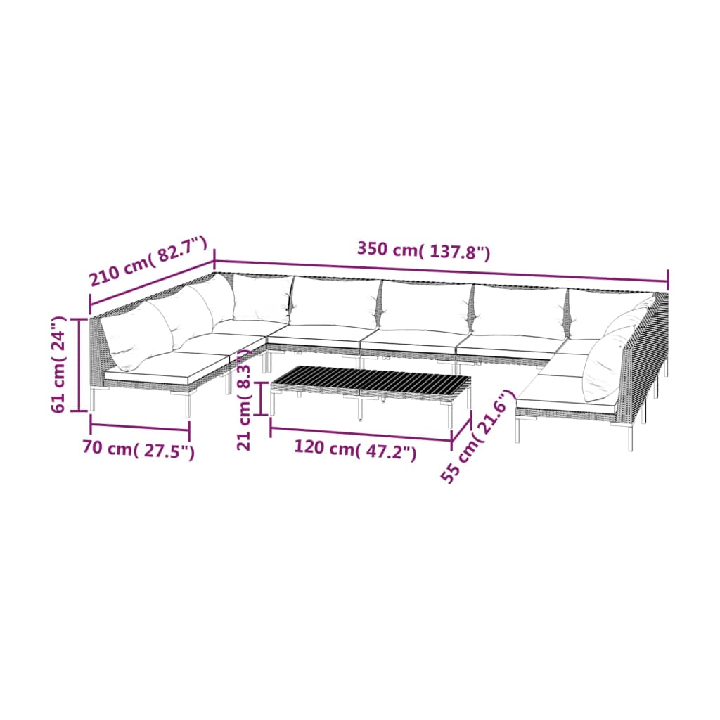 10-tlg. Garten-Lounge-Set mit Kissen Poly Rattan Dunkelgrau