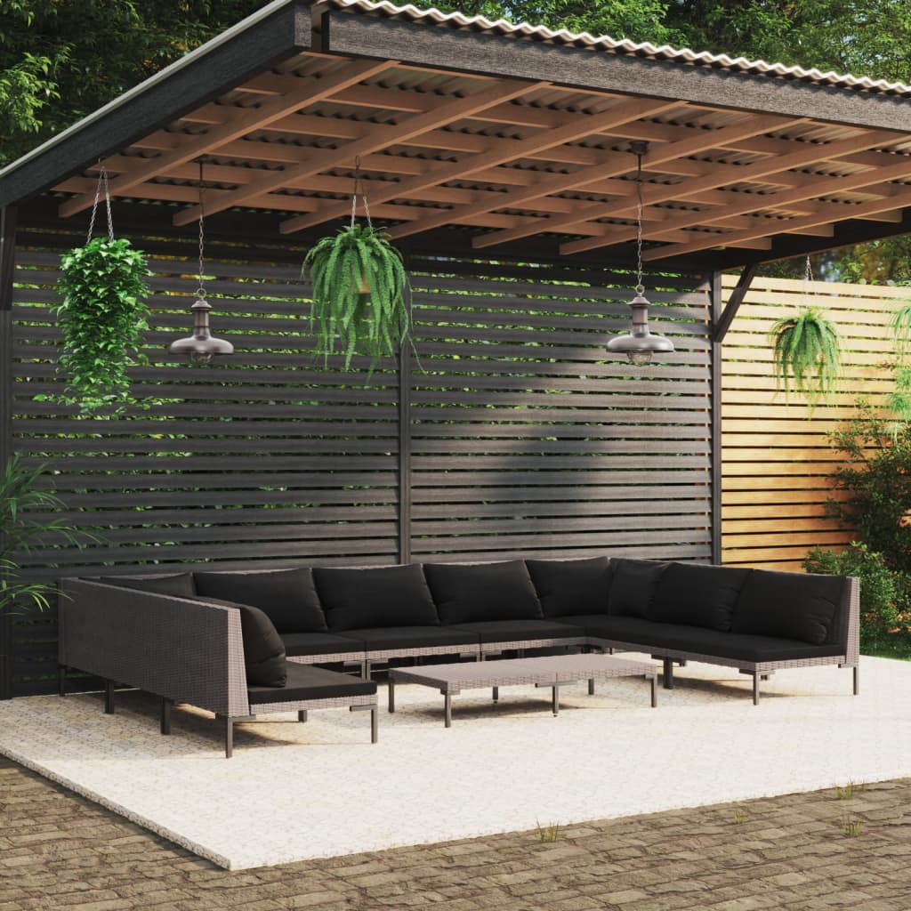 10-tlg. Garten-Lounge-Set mit Kissen Poly Rattan Dunkelgrau