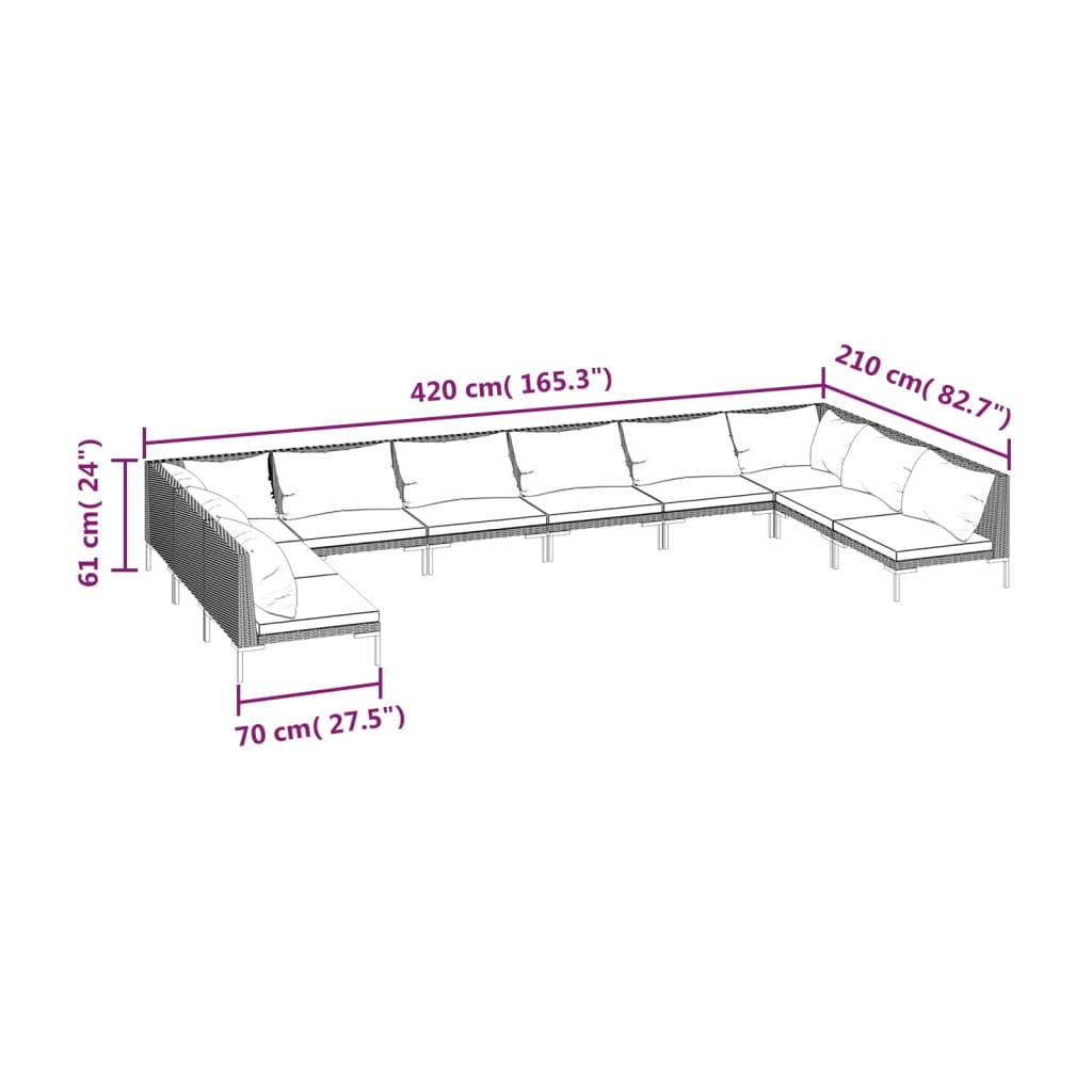 10-tlg. Garten-Lounge-Set mit Kissen Poly Rattan Dunkelgrau