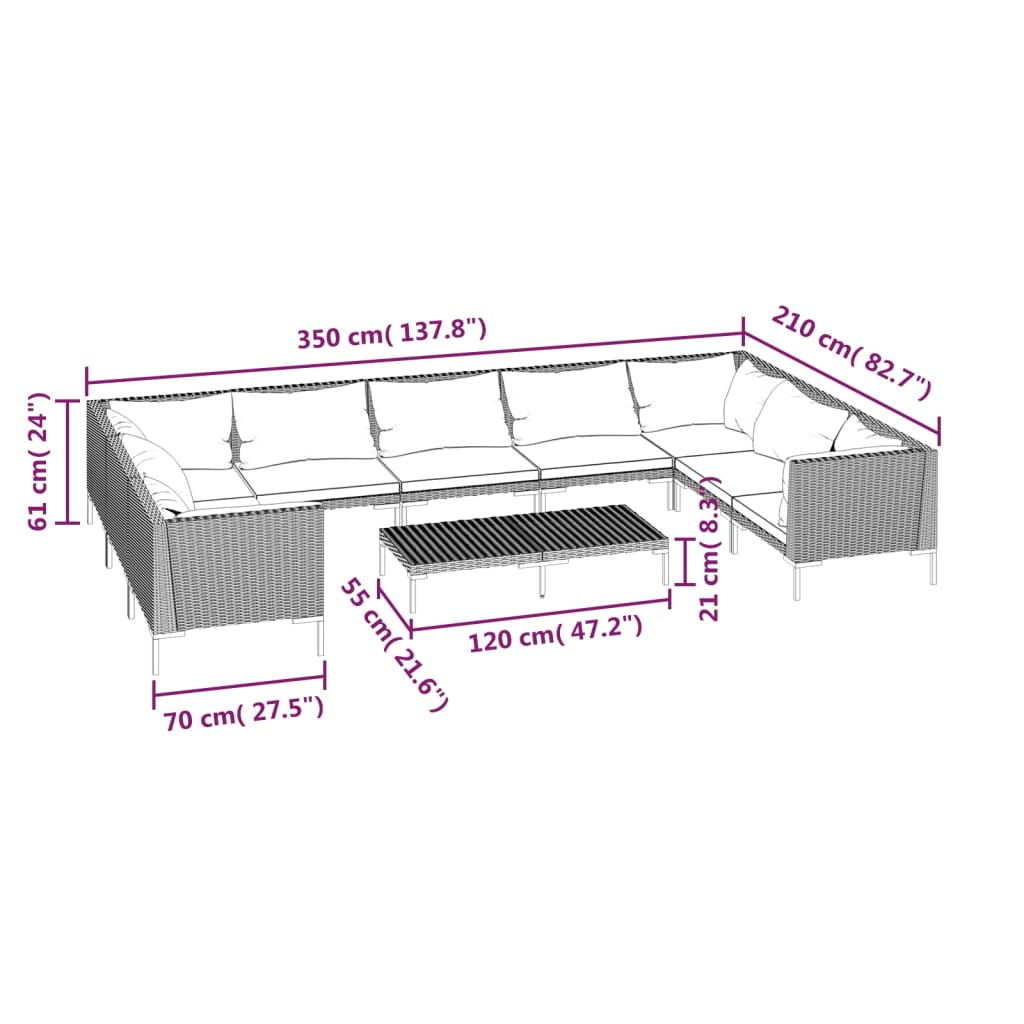 10-tlg. Garten-Lounge-Set mit Kissen Poly Rattan Dunkelgrau