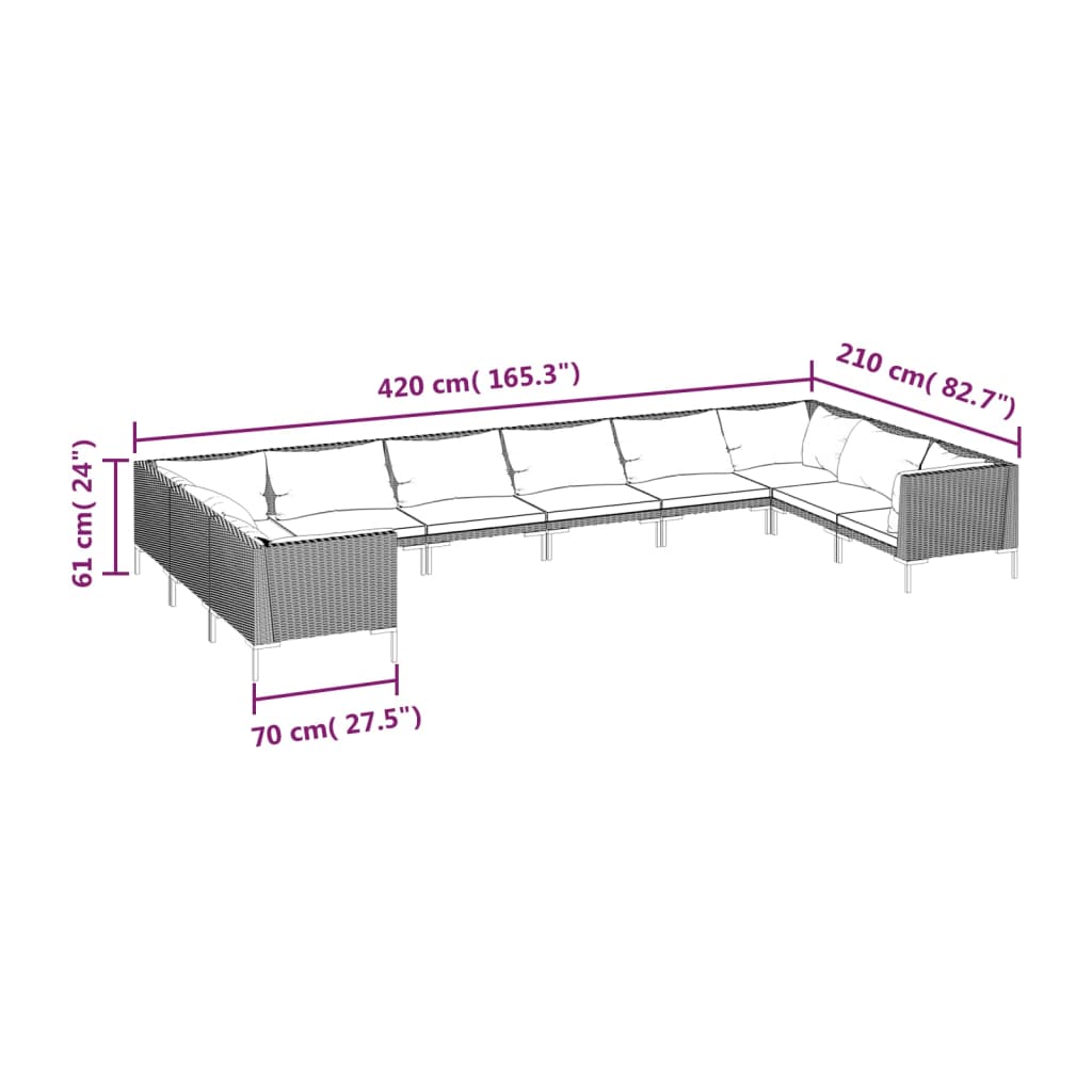10-tlg. Garten-Lounge-Set mit Kissen Poly Rattan Dunkelgrau