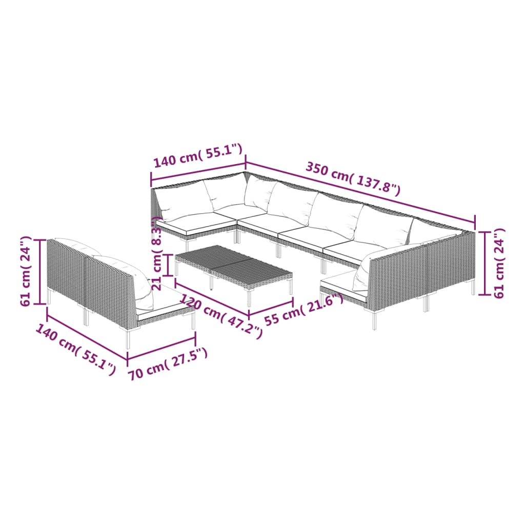 10-tlg. Garten-Lounge-Set mit Kissen Poly Rattan Dunkelgrau