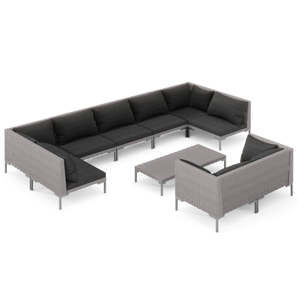 10-tlg. Garten-Lounge-Set mit Kissen Poly Rattan Dunkelgrau