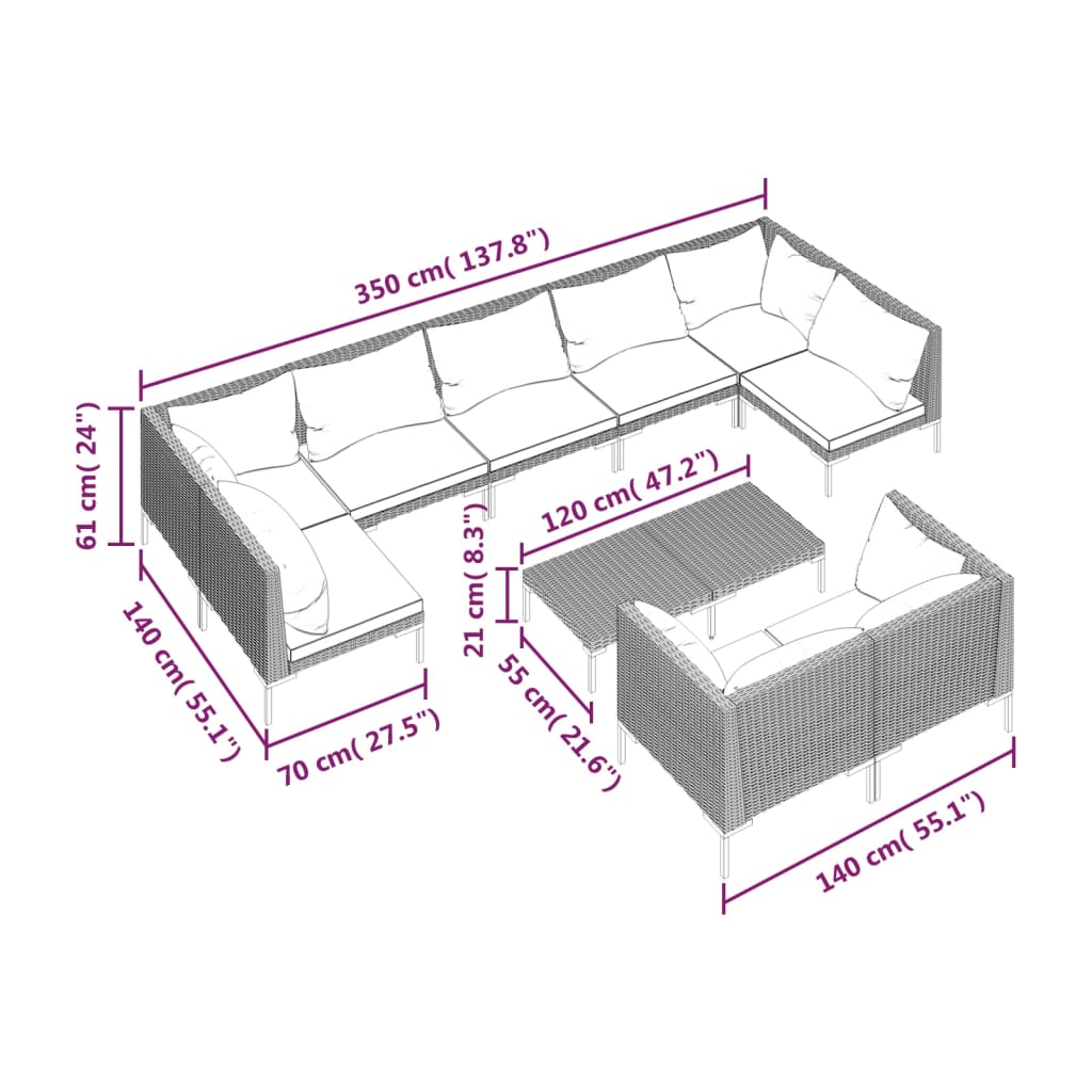 10-tlg. Garten-Lounge-Set mit Kissen Poly Rattan Dunkelgrau