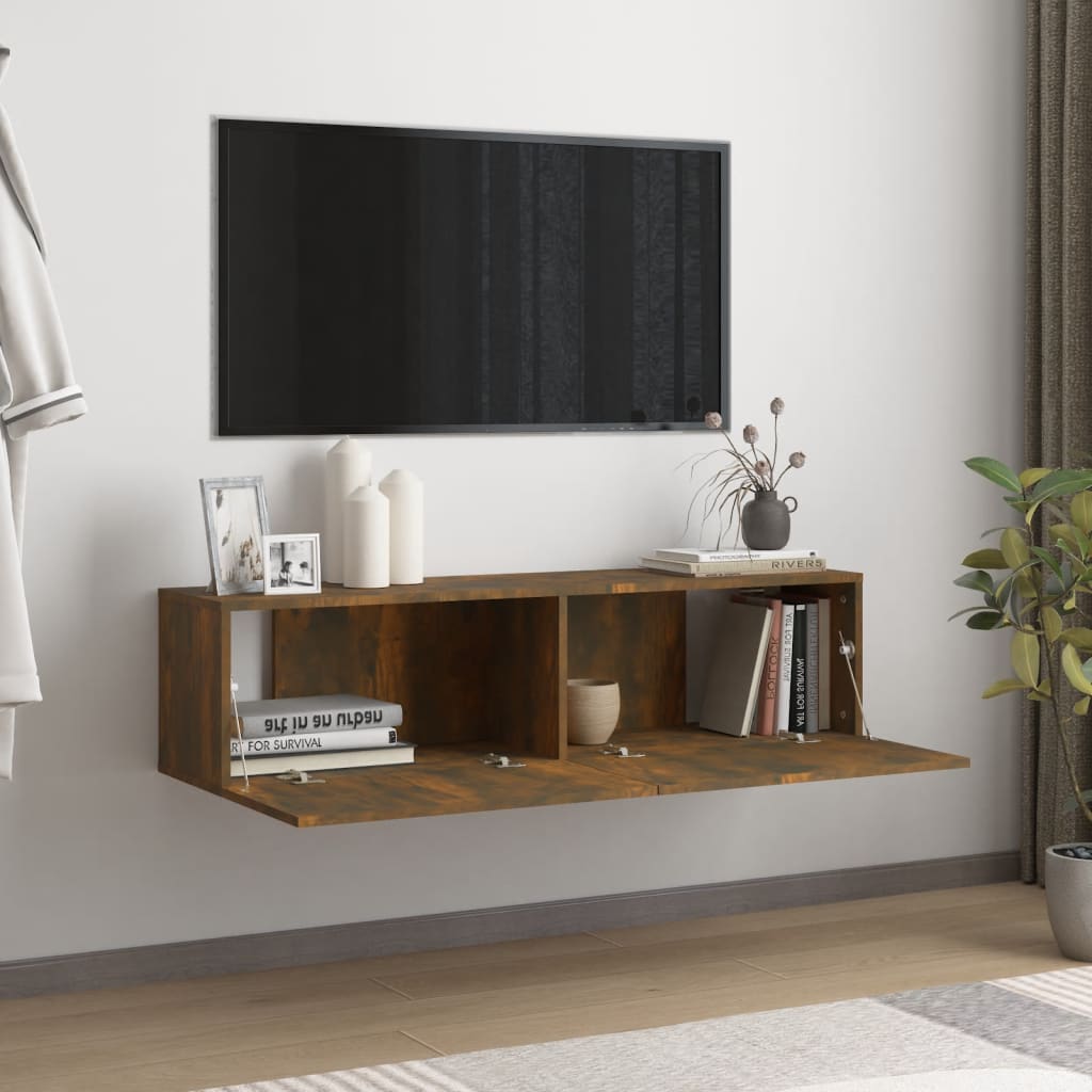 Meuble TV mural chêne fumé 120x30x30 cm matériau bois