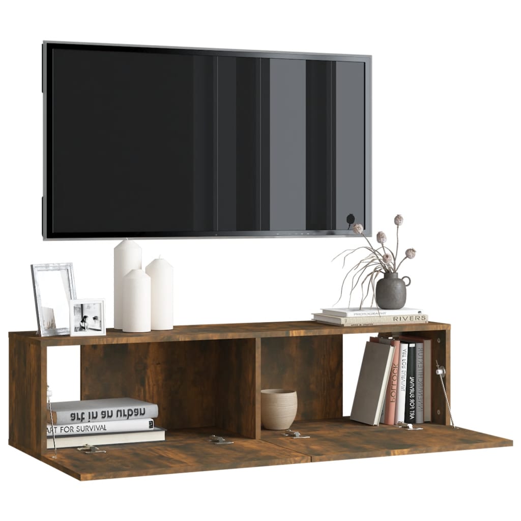Meuble TV mural chêne fumé 120x30x30 cm matériau bois