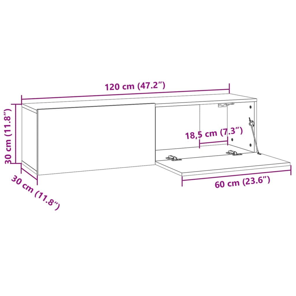 Meuble TV mural chêne fumé 120x30x30 cm matériau bois