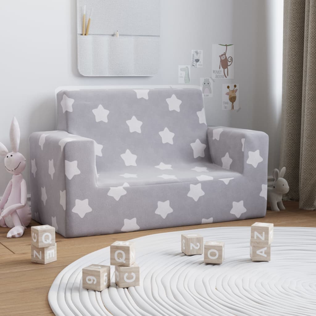 Canapé enfant 2 places gris clair avec étoiles en peluche douce