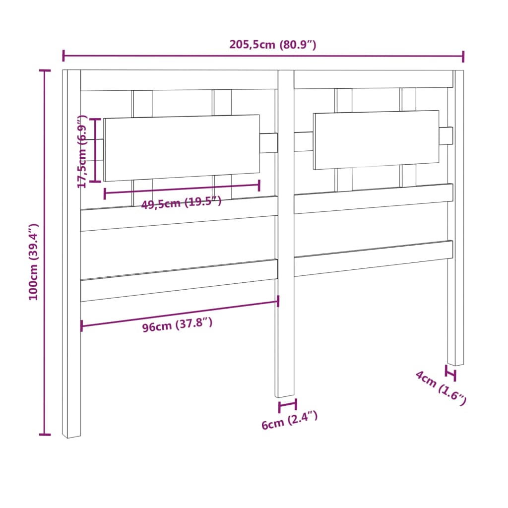 Bed Headboard Grey 205.5x4x100 cm Solid Pine