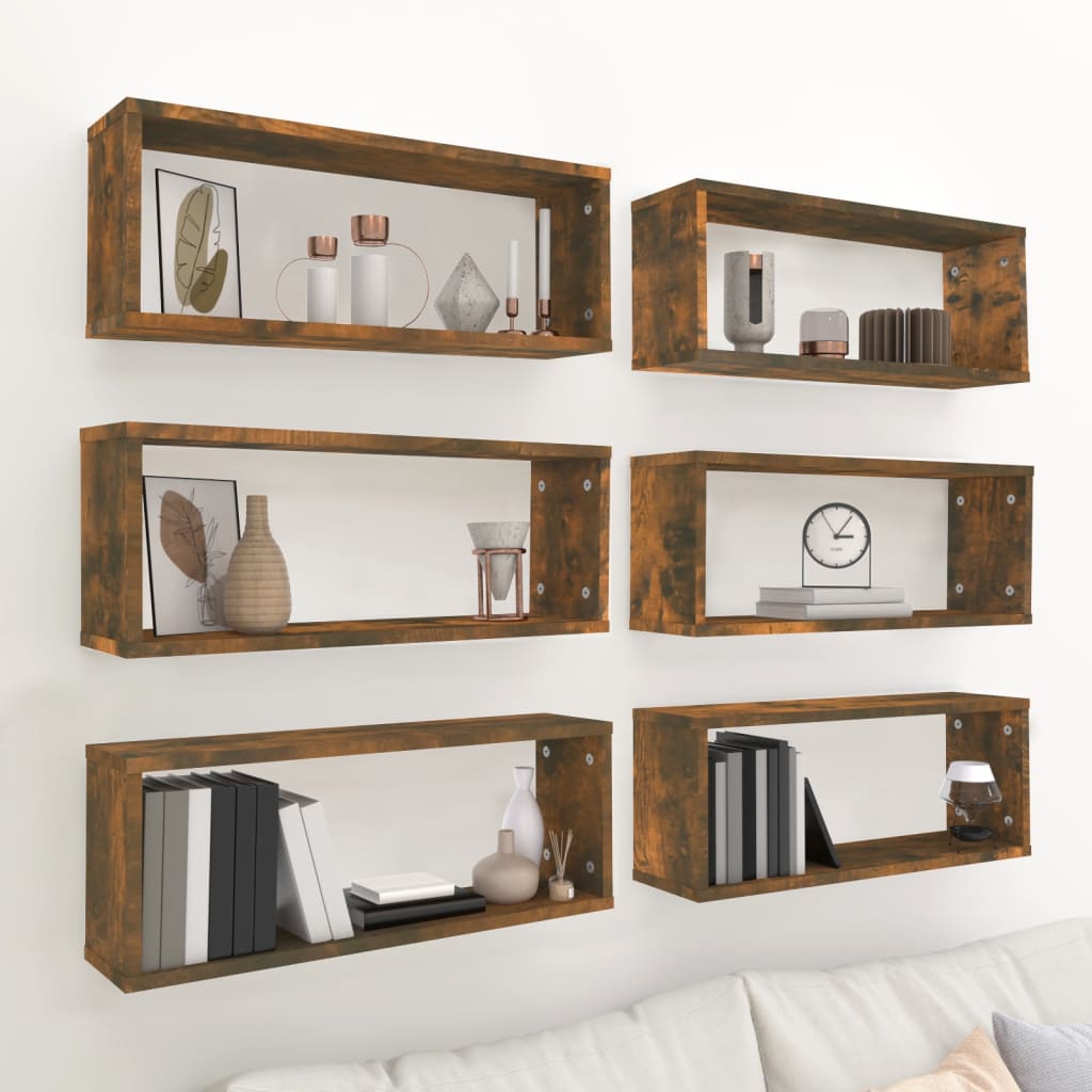 Étagères cubiques 6 pièces Chêne fumé 60x15x23 cm matériau bois.