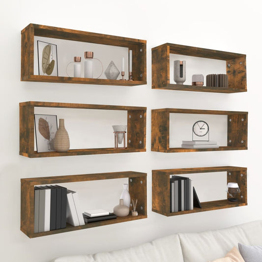 Étagères cubiques 6 pièces Chêne fumé 60x15x23 cm matériau bois.