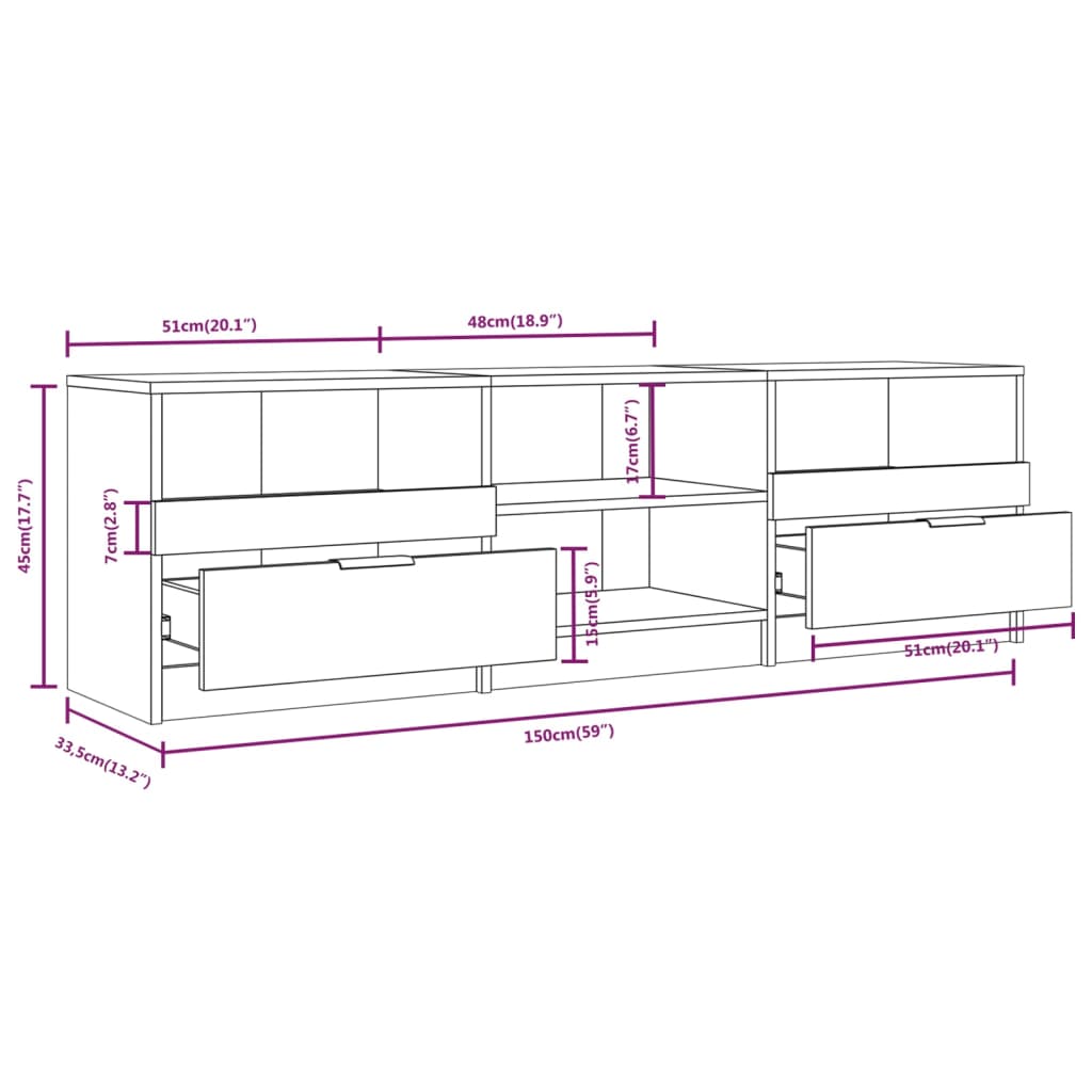 Meuble TV chêne fumé 150x33,5x45 cm matériau bois