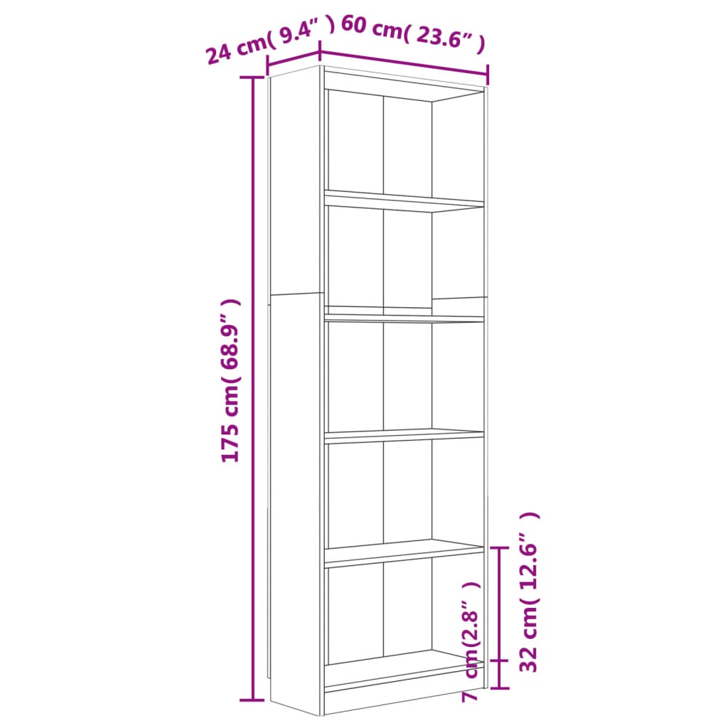 Bücherregal 5 Fächer Braun Eichen-Optik 60x24x175 Holzwerkstoff