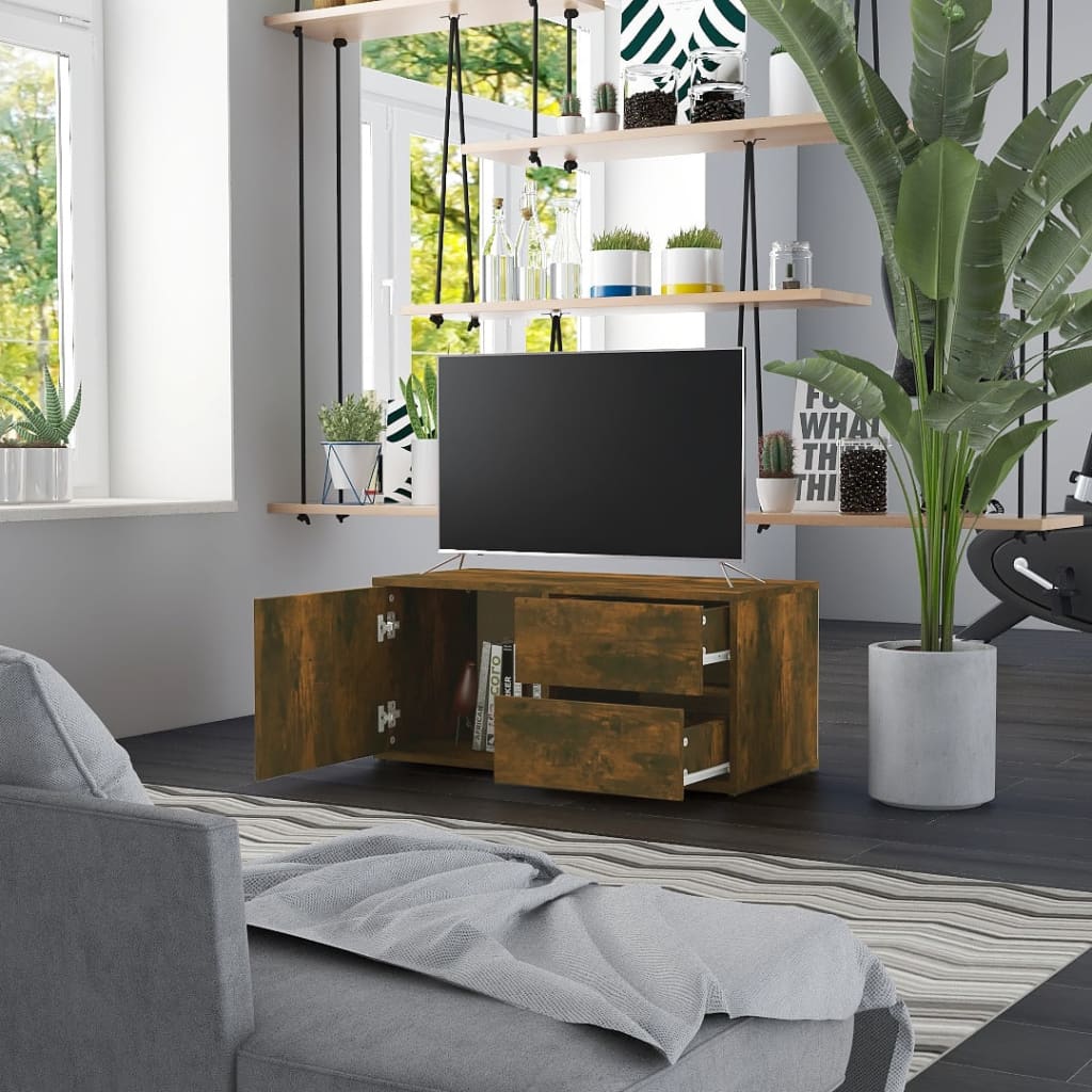 Meuble TV chêne fumé 80x34x36 cm matériau bois