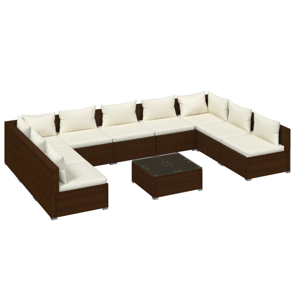 10-tlg. Garten-Lounge-Set mit Kissen Poly Rattan Braun