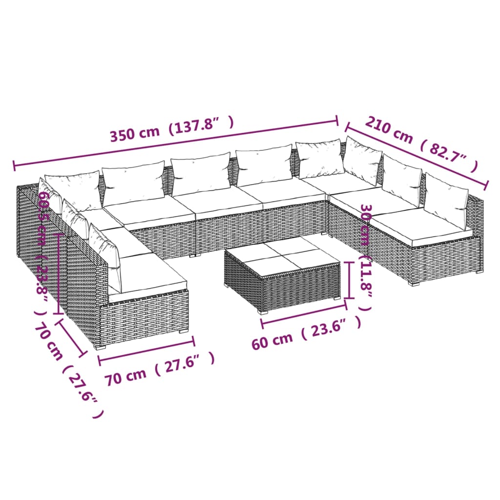 10-tlg. Garten-Lounge-Set mit Kissen Poly Rattan Braun