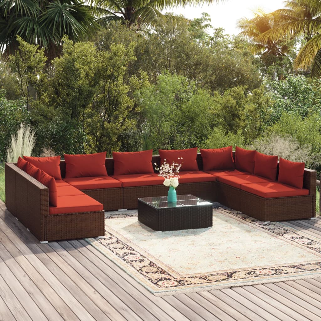 10-tlg. Garten-Lounge-Set mit Kissen Poly Rattan Braun