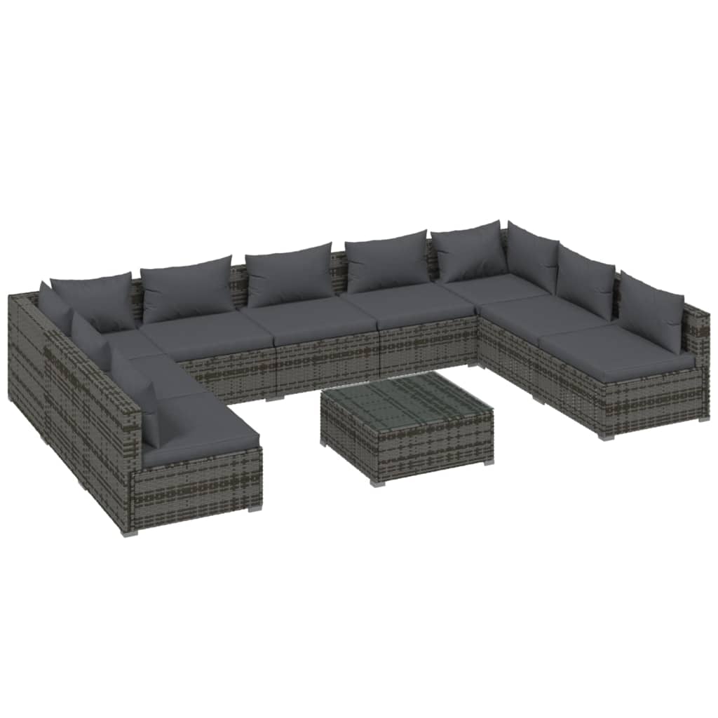 10-tlg. Garten-Lounge-Set mit Kissen Poly Rattan Grau