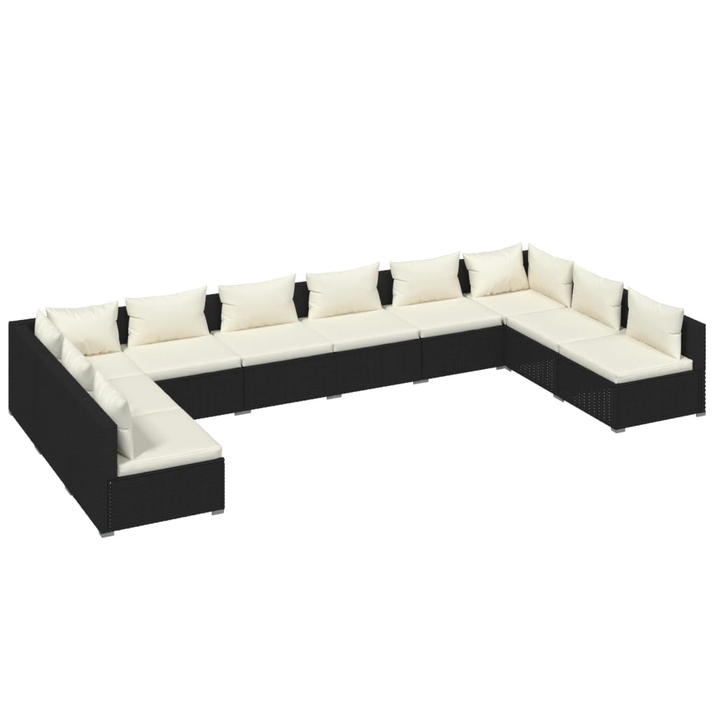 Salon de jardin 10 pièces avec coussins, en polyrotin, noir