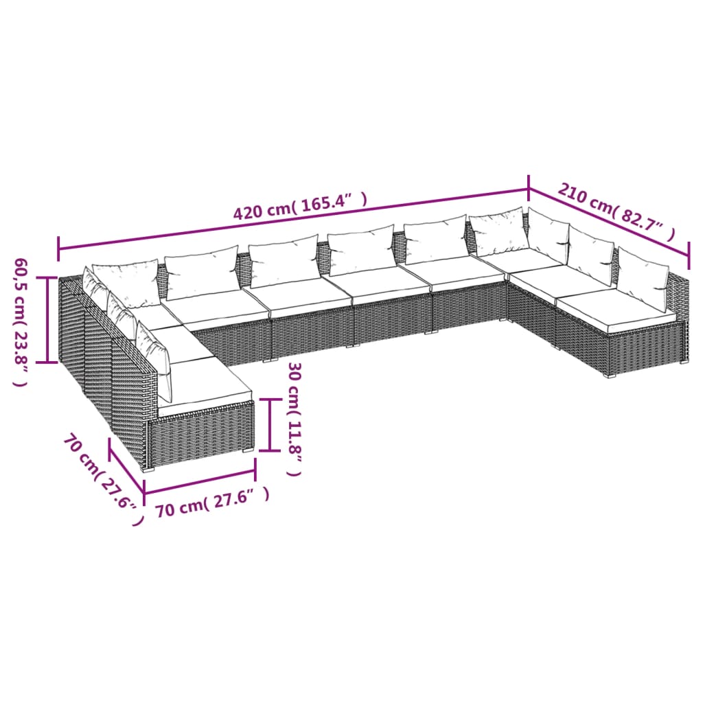 10-tlg. Garten-Lounge-Set mit Kissen Poly Rattan Braun