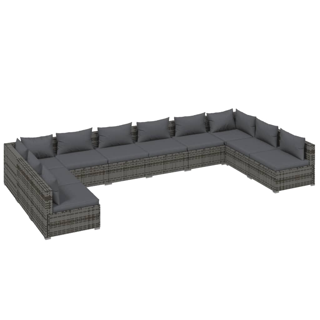 10-tlg. Garten-Lounge-Set mit Kissen Poly Rattan Grau
