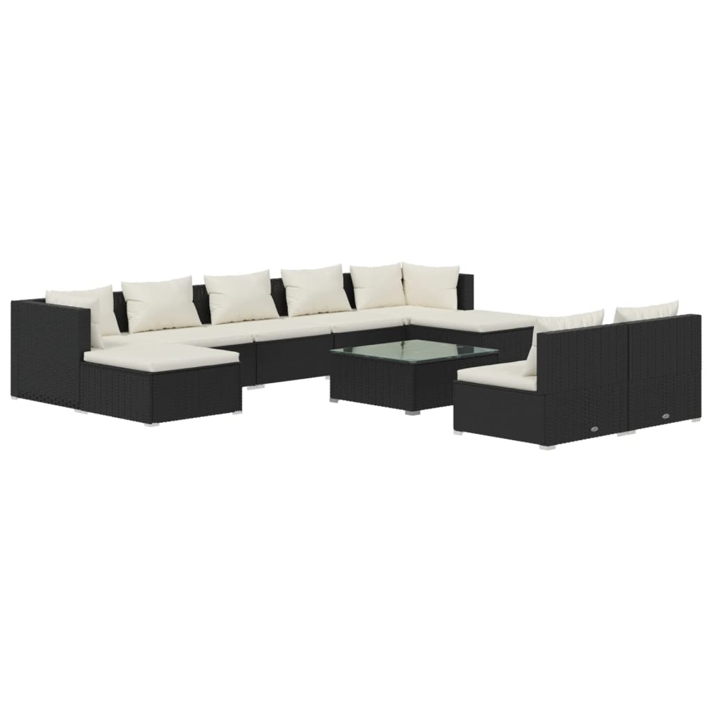 10-tlg. Garten-Lounge-Set mit Kissen Schwarz Poly Rattan