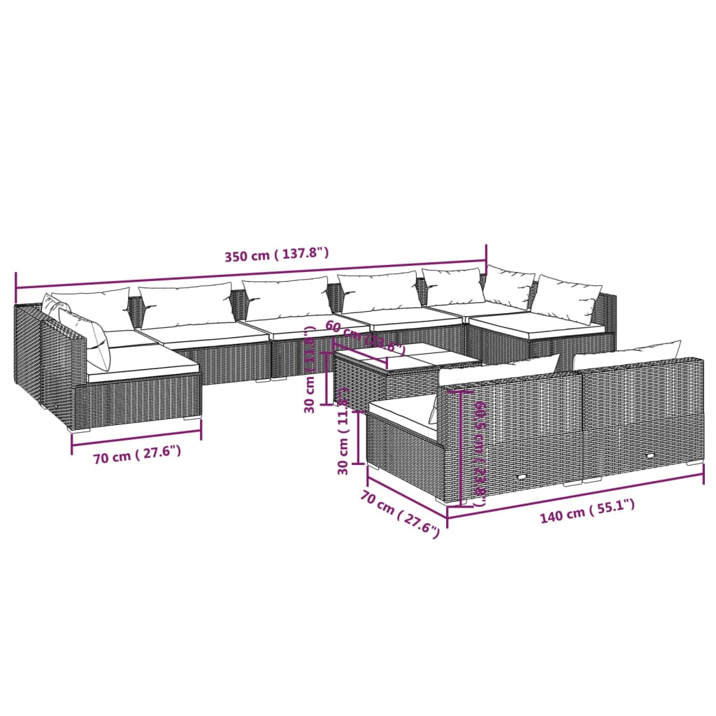 10-tlg. Garten-Lounge-Set mit Kissen Schwarz Poly Rattan