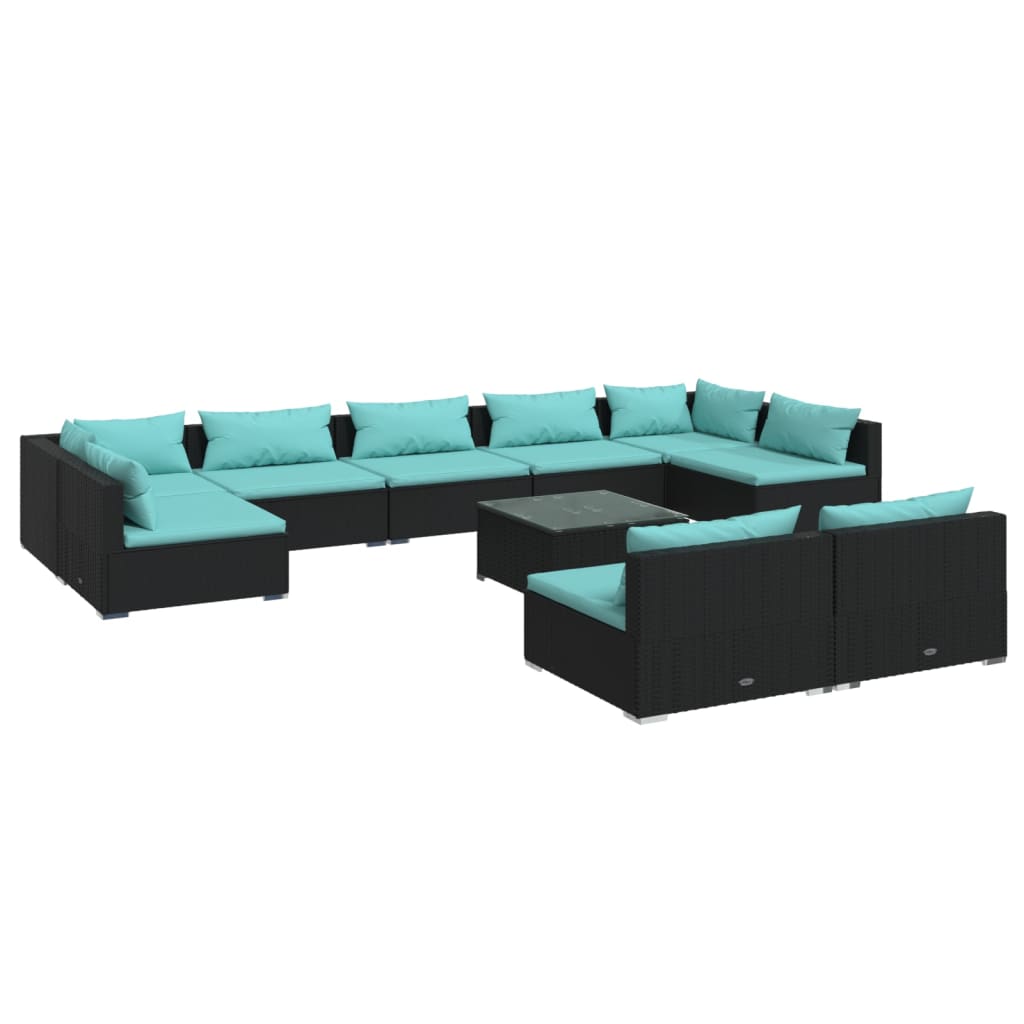 10-tlg. Garten-Lounge-Set mit Kissen Schwarz Poly Rattan