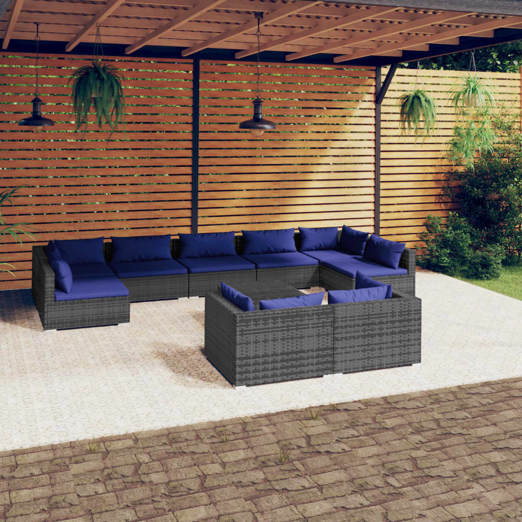 10 pièces. Salon de jardin avec coussins en polyrotin gris