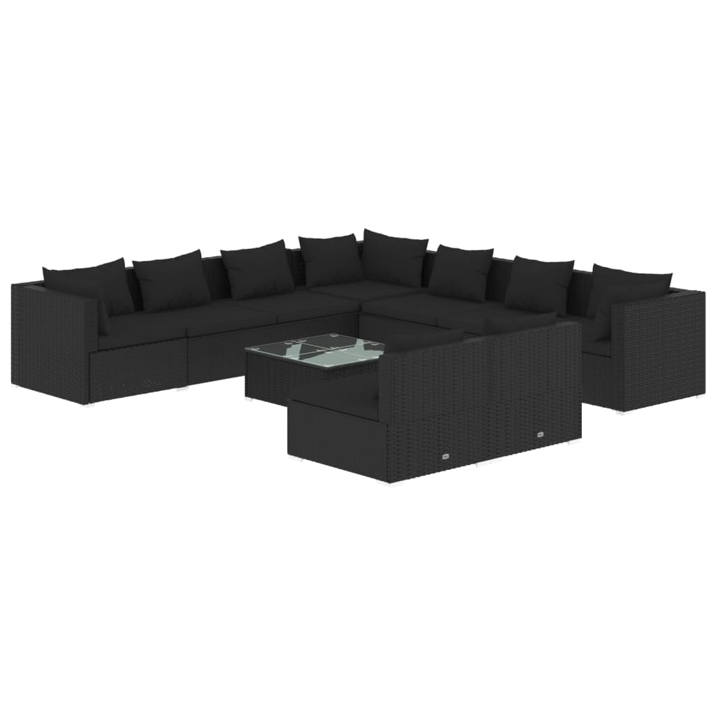 10-tlg. Garten-Lounge-Set mit Kissen Schwarz Poly Rattan