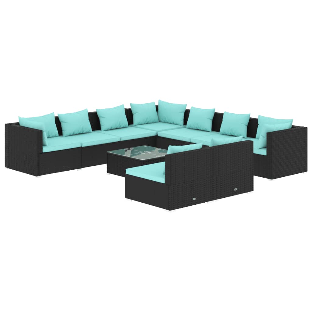 10-tlg. Garten-Lounge-Set mit Kissen Schwarz Poly Rattan